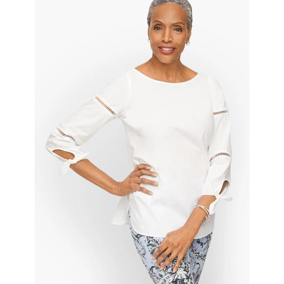 New Talbots Tie Detail Poplin Top White Bateau Neck Ladder Trim 3/4 Sleeve Sz 3X - Picture 8 of 8